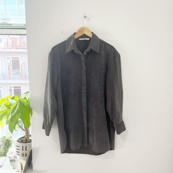Zara Men's Dark Gray Corduroy Long Sleeve Button Up Top Size XS - Picture 1 of 5